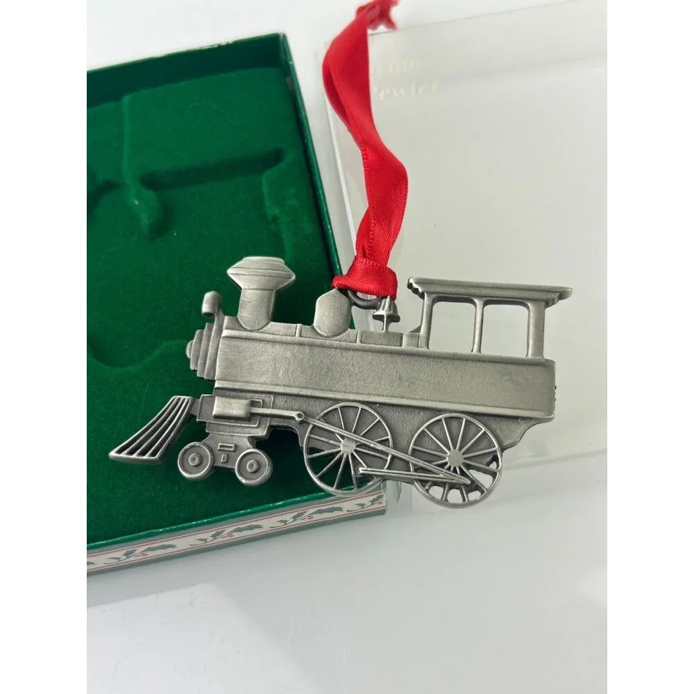 Genuine Pewter Train Christmas Ornament Holiday Tree Decor Red Ribbon VTG USA